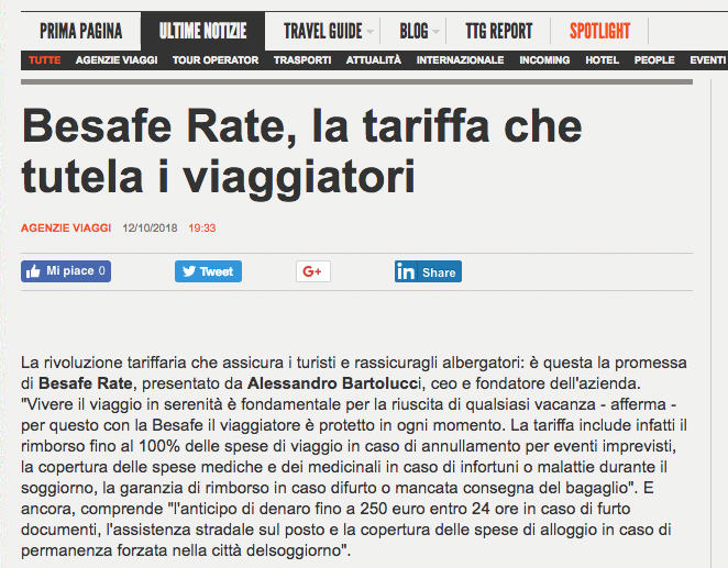 BeSafe Rate menzionata su TTG Italia